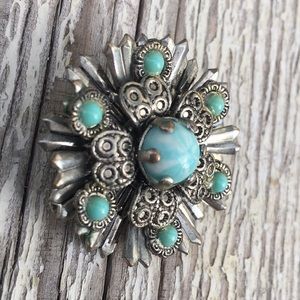 VINTAGE Faux Turquoise & Silver Brooch